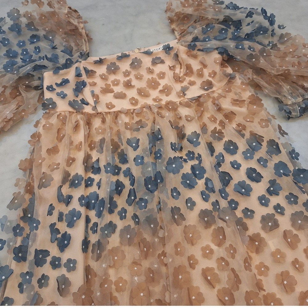 New Storia 3D Floral MiniDress Sz L Blue PuffSleeve Babydoll Tulle Shower Spring